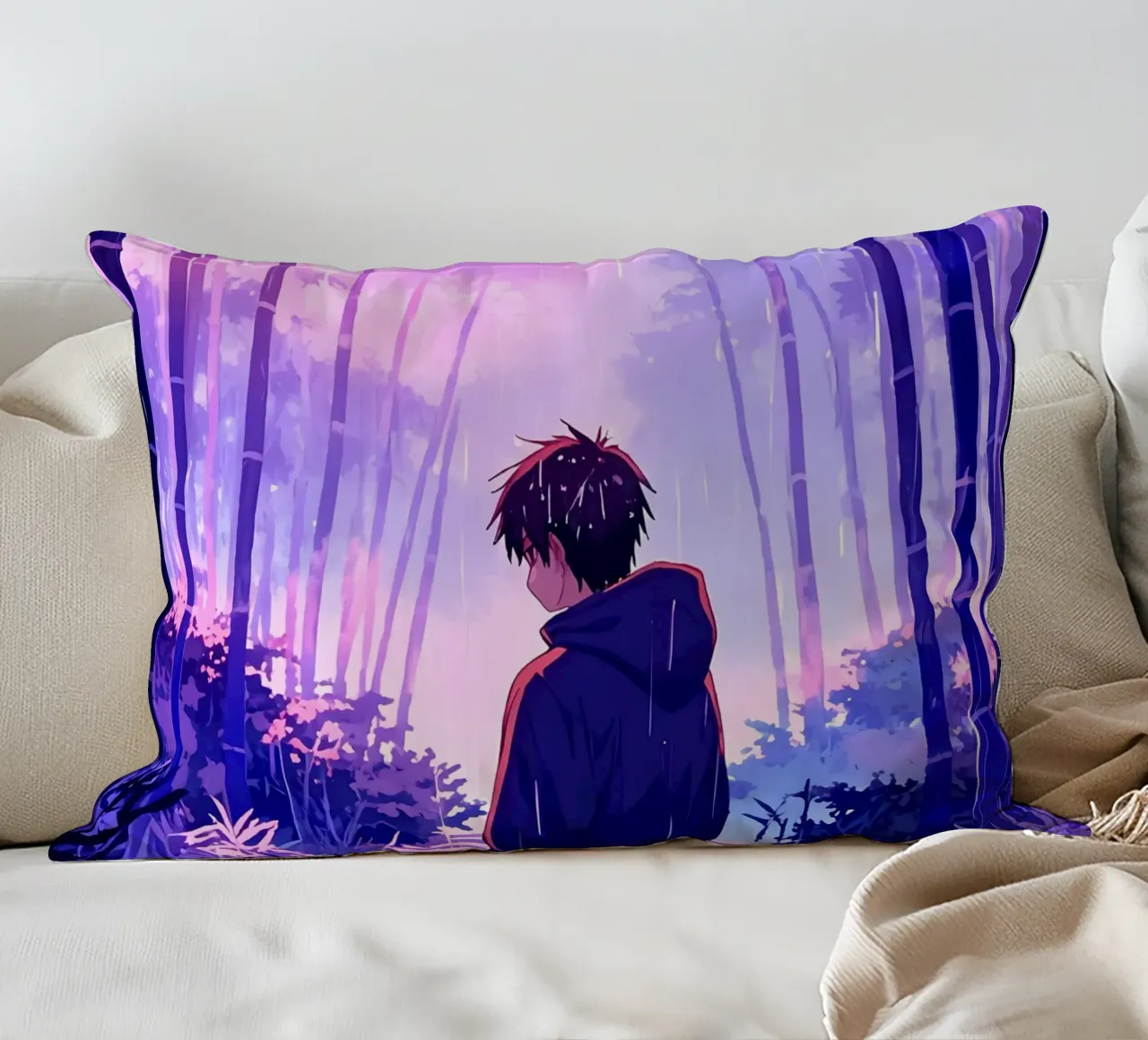 Ragazzo nella foresta in una notte di pioggia Lofi Art cuscino da LoFi Gallery
