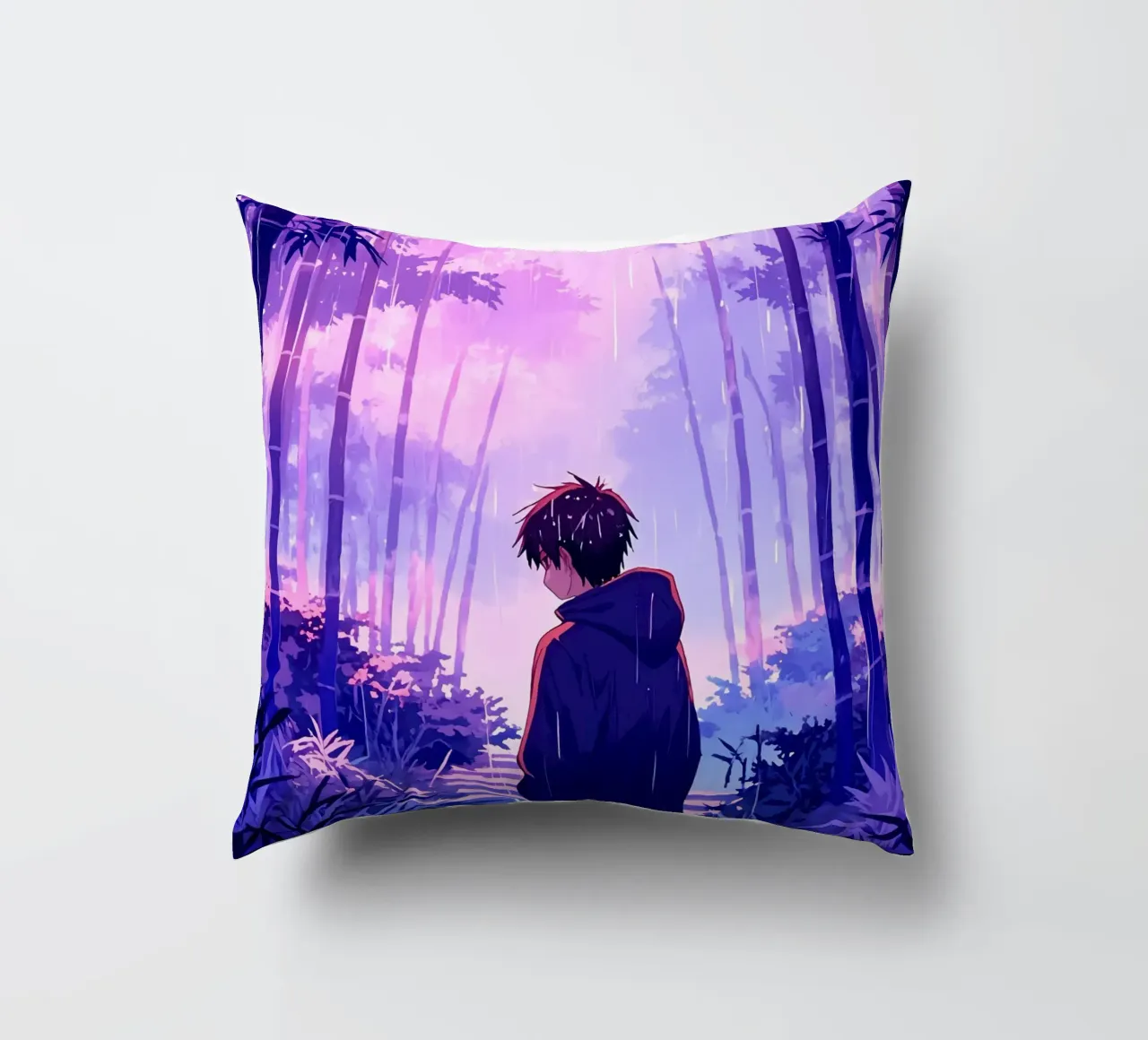 Ragazzo nella foresta in una notte di pioggia Lofi Art cuscino da LoFi Gallery