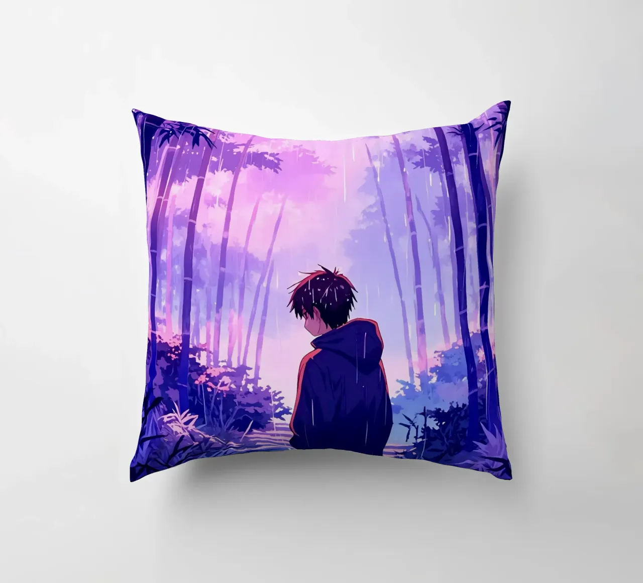 Ragazzo nella foresta in una notte di pioggia Lofi Art cuscino da LoFi Gallery