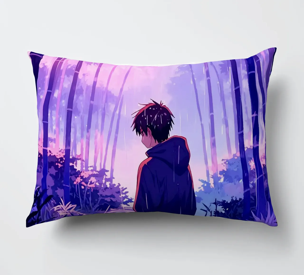 Ragazzo nella foresta in una notte di pioggia Lofi Art cuscino da LoFi Gallery