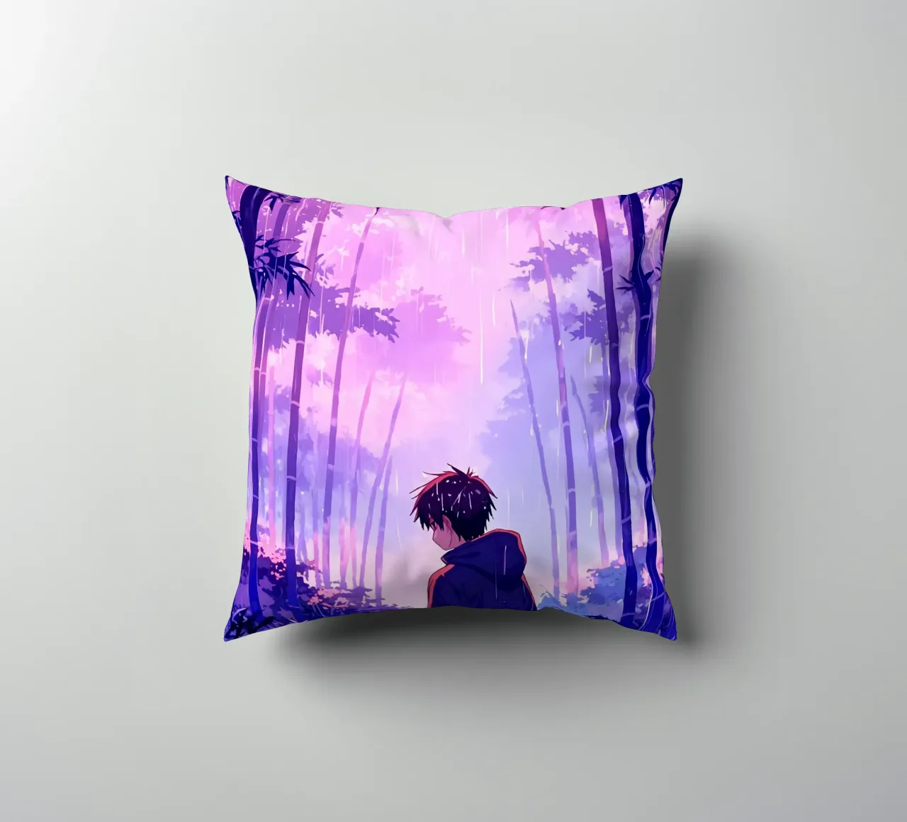 Ragazzo nella foresta in una notte di pioggia Lofi Art cuscino da LoFi Gallery