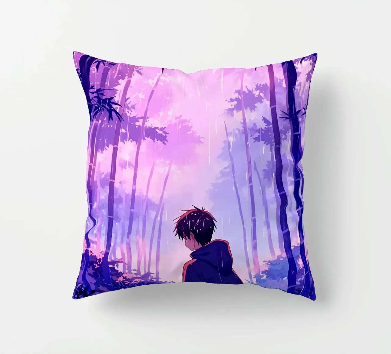 Ragazzo nella foresta in una notte di pioggia Lofi Art cuscino da LoFi Gallery