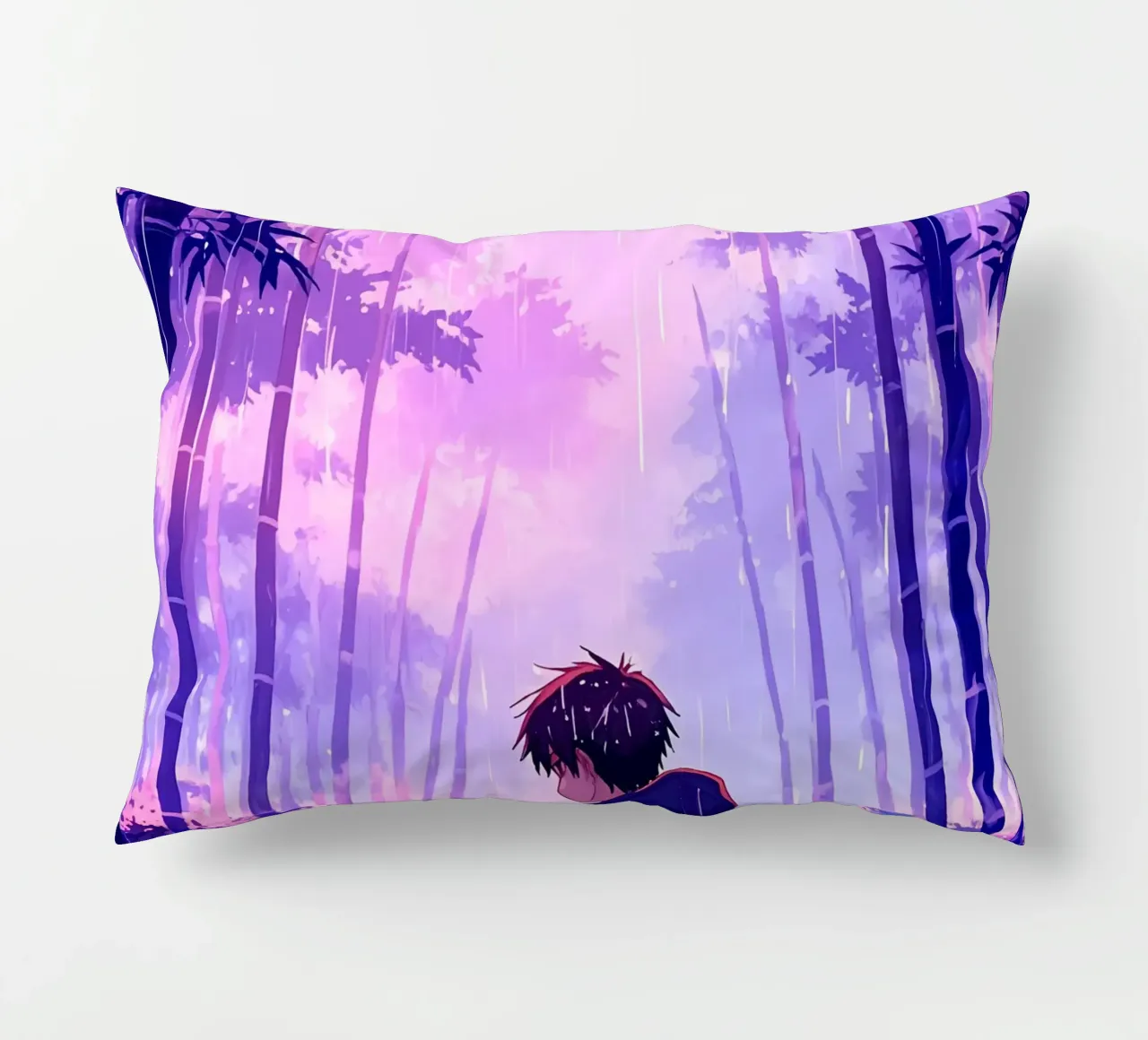 Ragazzo nella foresta in una notte di pioggia Lofi Art cuscino da LoFi Gallery