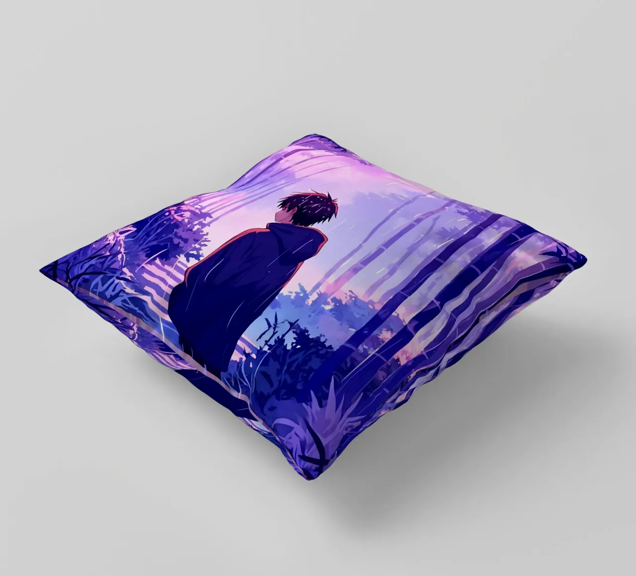 Ragazzo nella foresta in una notte di pioggia Lofi Art cuscino da LoFi Gallery