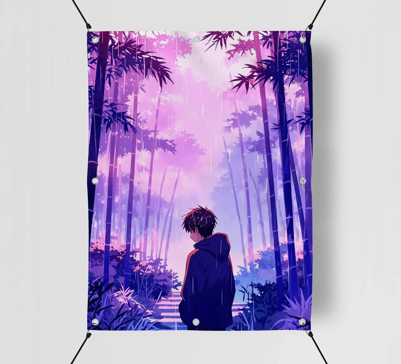 Ragazzo nella foresta in una notte di pioggia Lofi Art telo in pvc da LoFi Gallery