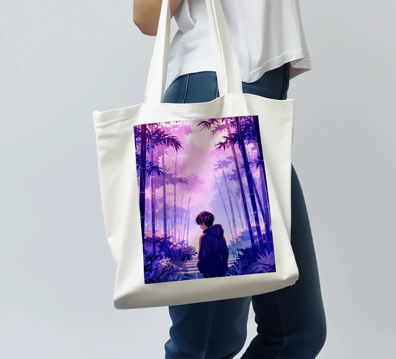 Ragazzo nella foresta in una notte di pioggia Lofi Art borsa in juta da LoFi Gallery