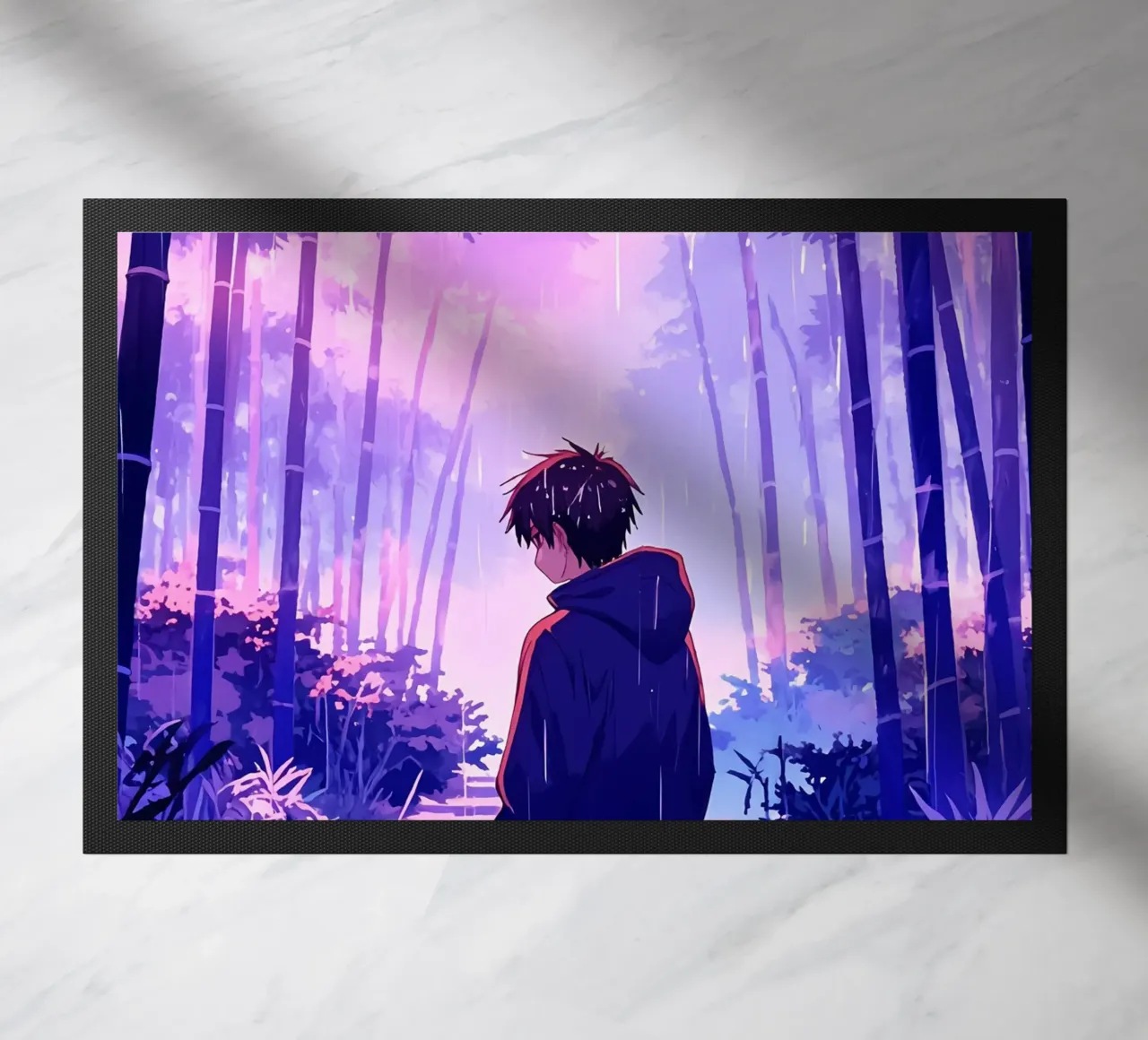 Ragazzo nella foresta in una notte di pioggia Lofi Art zerbino da LoFi Gallery