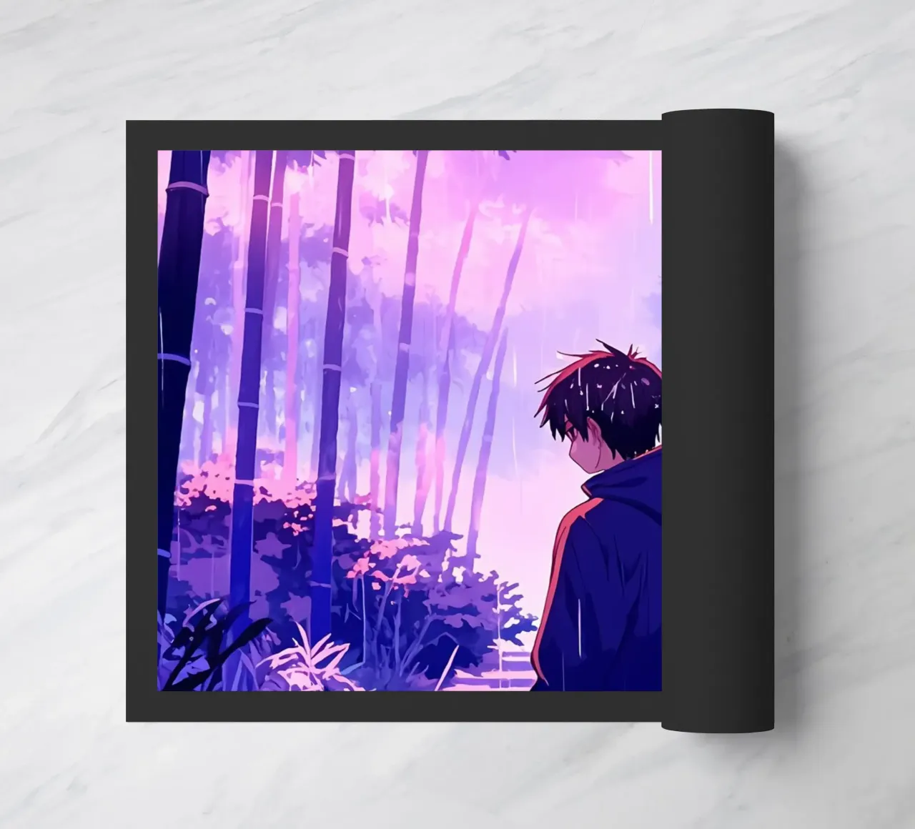 Ragazzo nella foresta in una notte di pioggia Lofi Art zerbino da LoFi Gallery