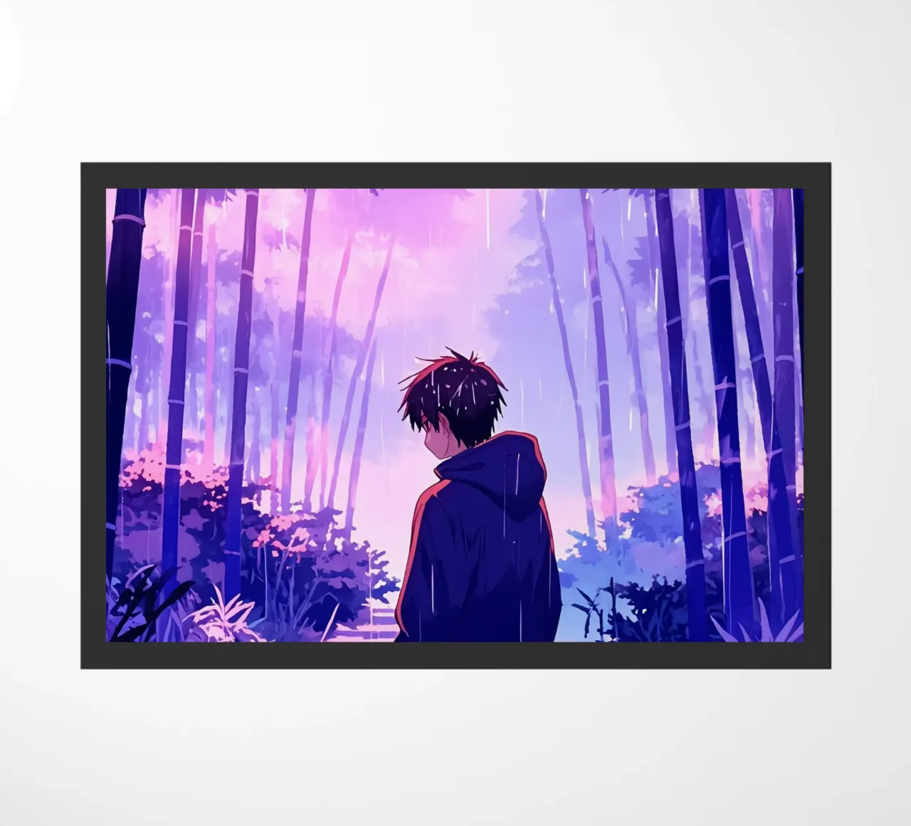 Ragazzo nella foresta in una notte di pioggia Lofi Art zerbino da LoFi Gallery