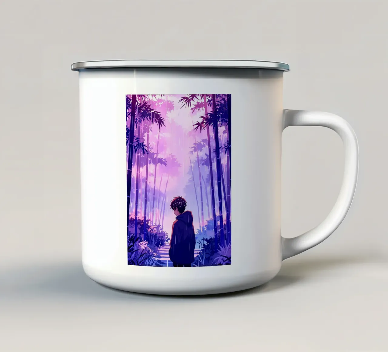 Ragazzo nella foresta in una notte di pioggia Lofi Art tazza in smalto da LoFi Gallery