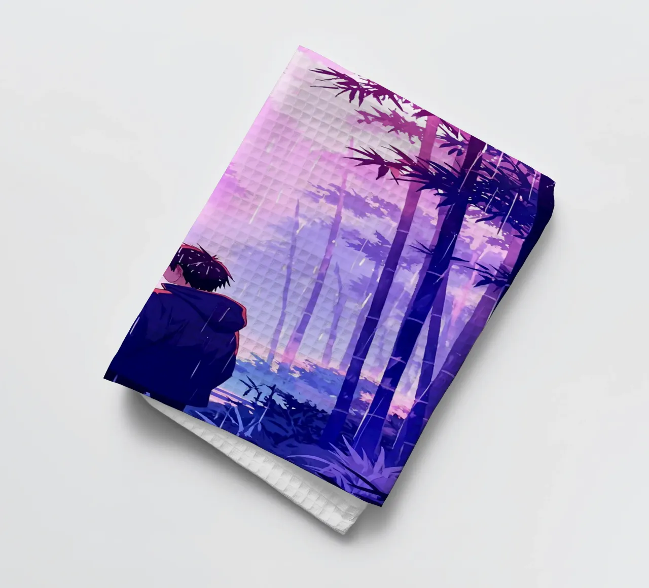 Garçon dans la forêt par une nuit pluvieuse Lofi Art torchon de LoFi Gallery
