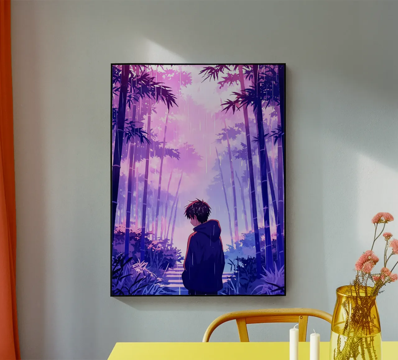 Ragazzo nella foresta in una notte di pioggia Lofi Art plexiglass da LoFi Gallery