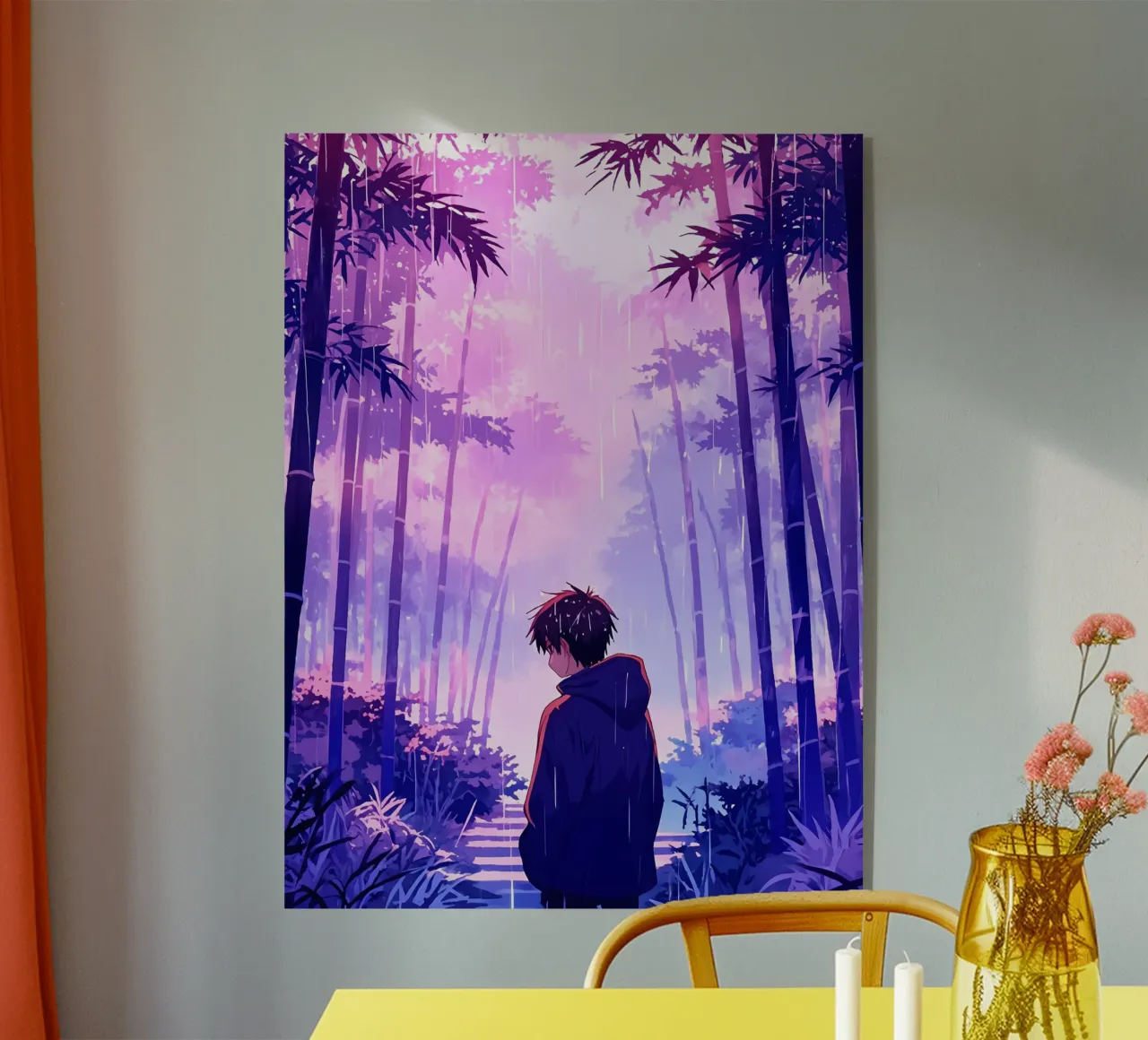 Ragazzo nella foresta in una notte di pioggia Lofi Art plexiglass da LoFi Gallery