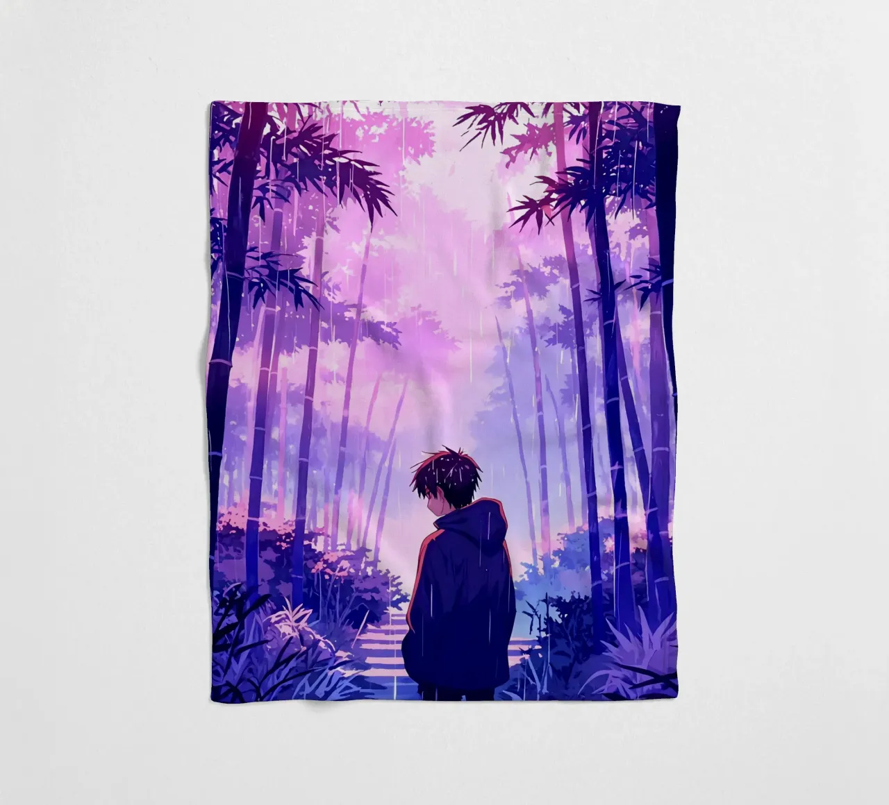 Ragazzo nella foresta in una notte di pioggia Lofi Art coperta in pile da LoFi Gallery