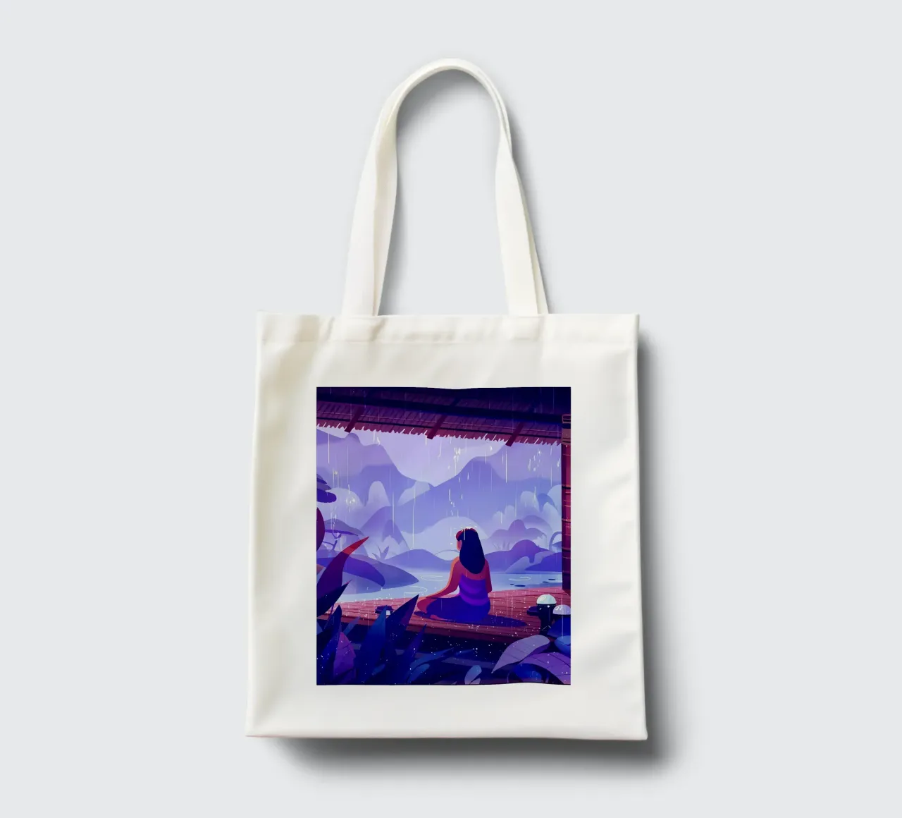 Ragazza che medita in tempo di pioggia Lofi Art borsa in juta da LoFi Gallery
