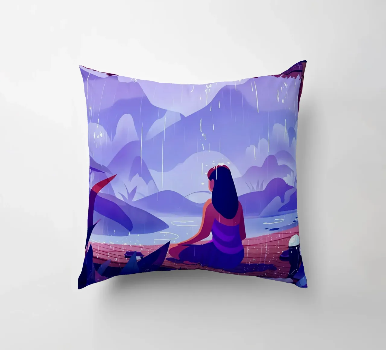 Ragazza che medita in tempo di pioggia Lofi Art cuscino da LoFi Gallery