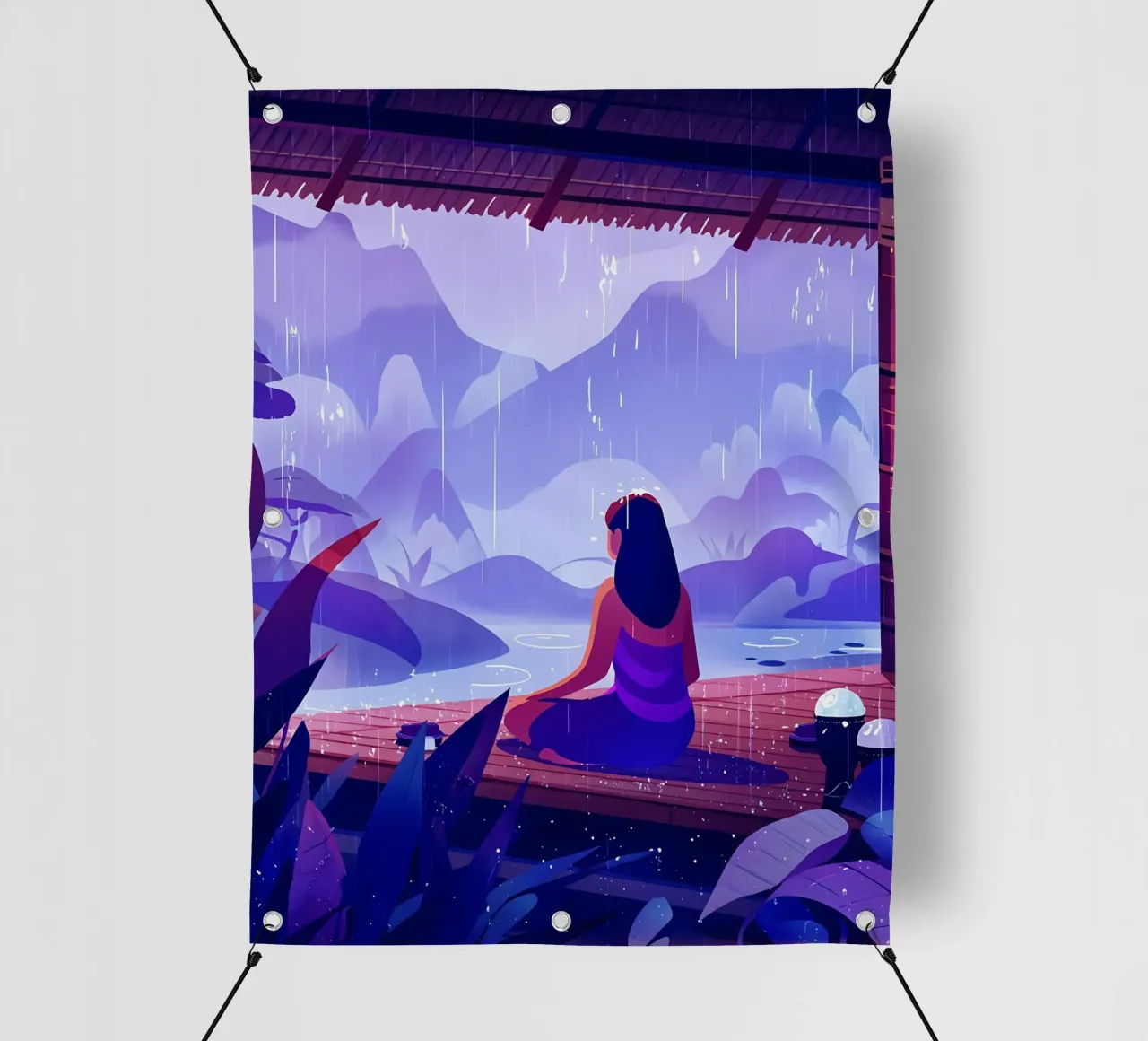 Ragazza che medita in tempo di pioggia Lofi Art telo in pvc da LoFi Gallery