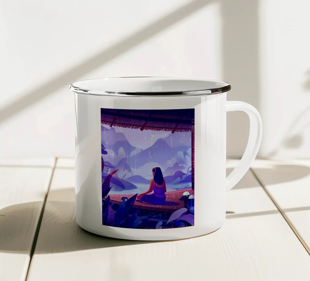 Ragazza che medita in tempo di pioggia Lofi Art tazza in smalto da LoFi Gallery