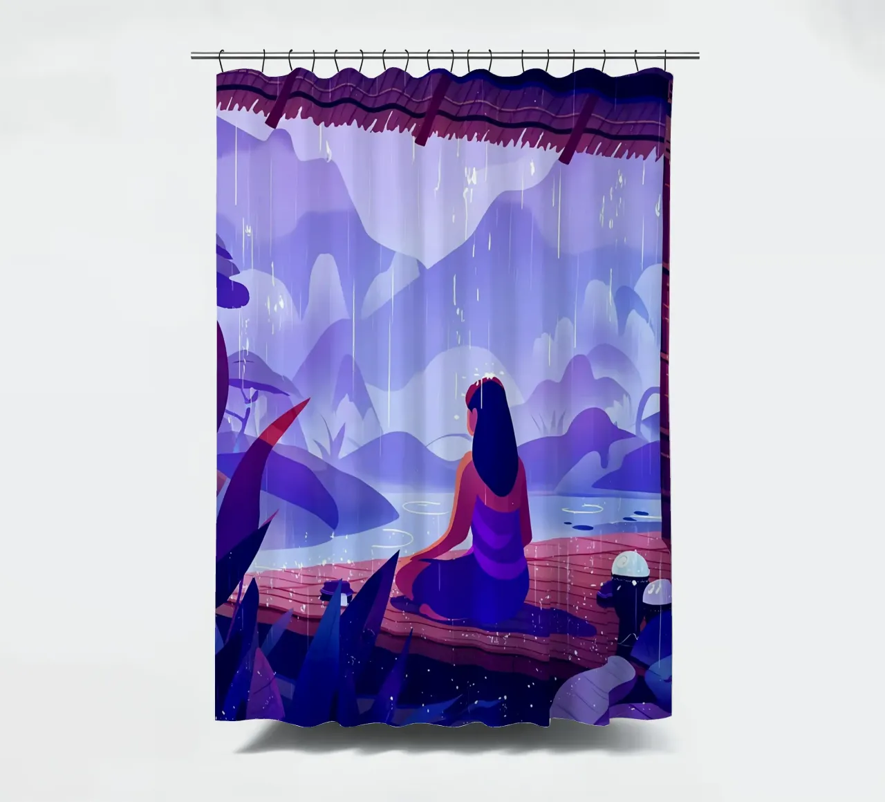 Ragazza che medita in tempo di pioggia Lofi Art tenda da doccia da LoFi Gallery