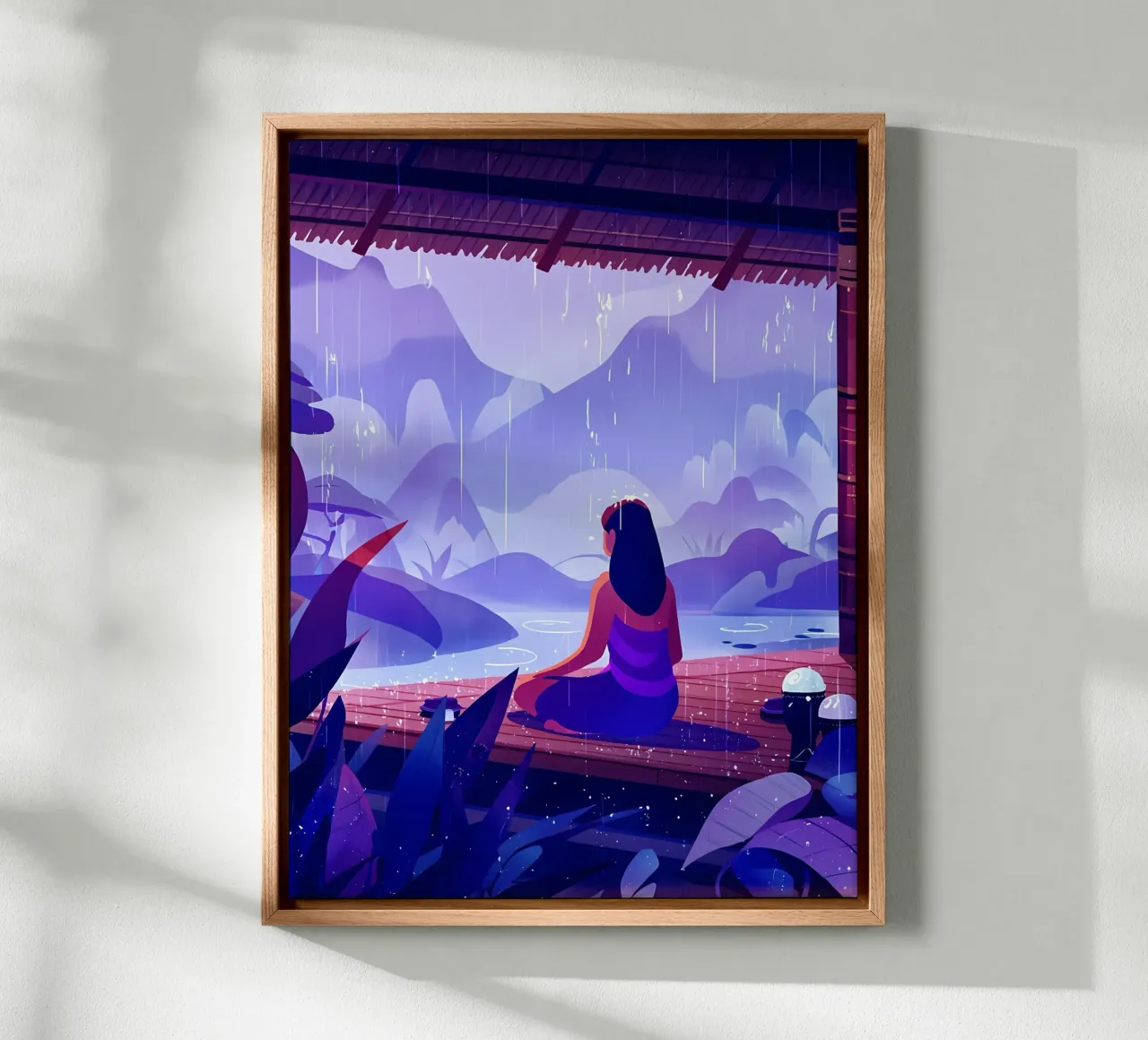 Ragazza che medita in tempo di pioggia Lofi Art tela con Cornice a cassetta da LoFi Gallery