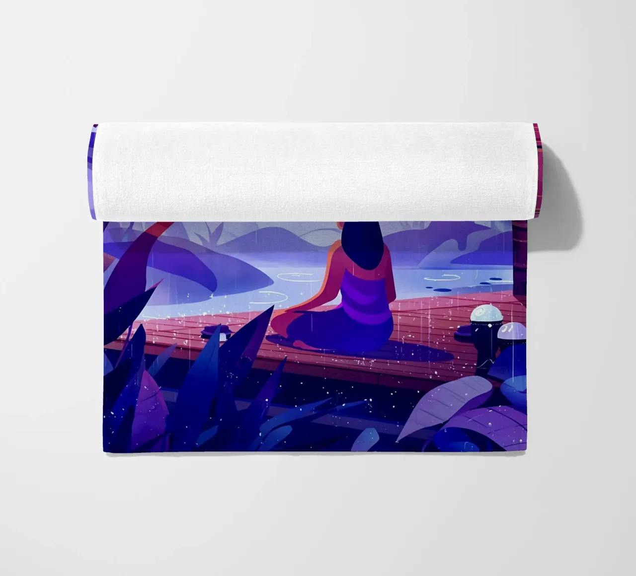 Ragazza che medita in tempo di pioggia Lofi Art telo mare da LoFi Gallery