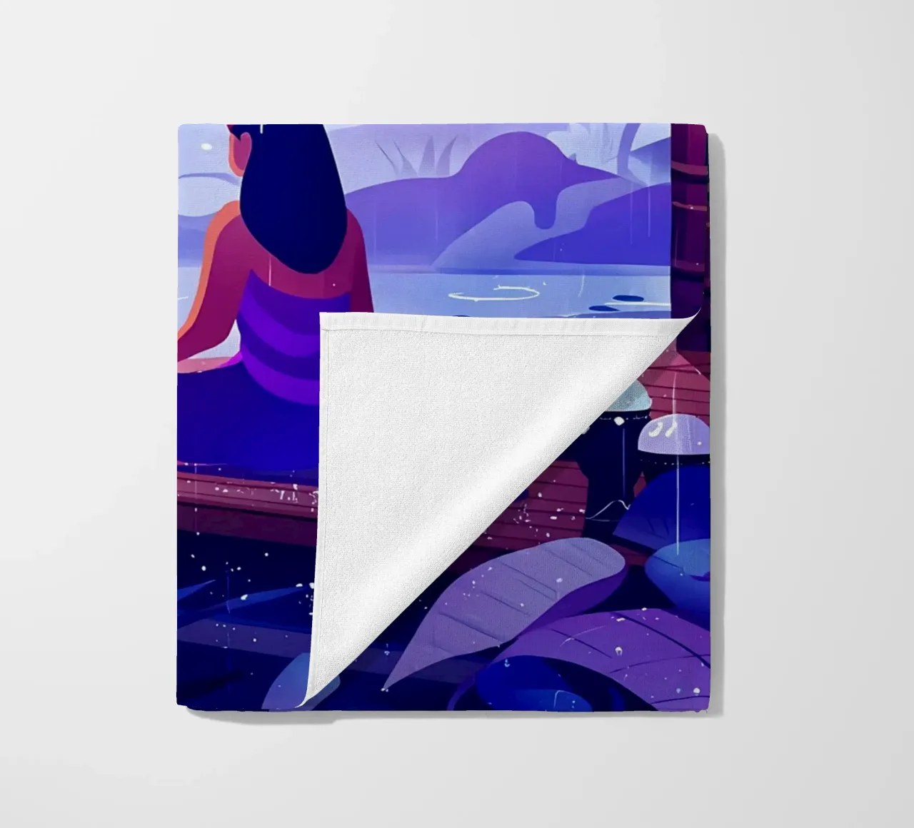 Ragazza che medita in tempo di pioggia Lofi Art telo mare da LoFi Gallery