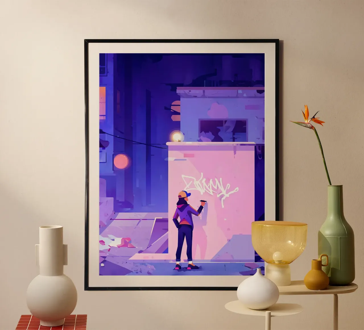 Artista di graffiti di notte Lofi Art poster con telaio in legno da LoFi Gallery