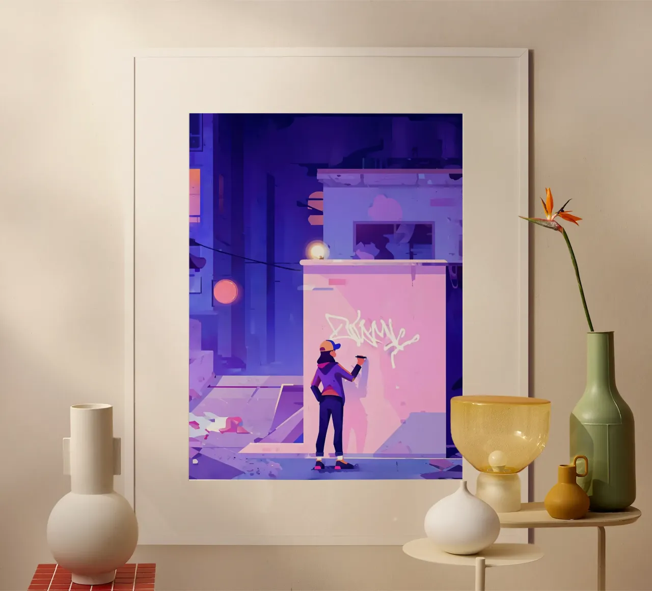 Artista di graffiti di notte Lofi Art poster con telaio in legno da LoFi Gallery