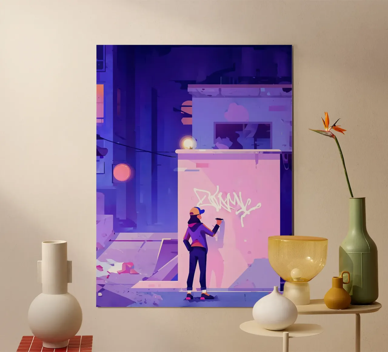 Artista di graffiti di notte Lofi Art poster con telaio in legno da LoFi Gallery
