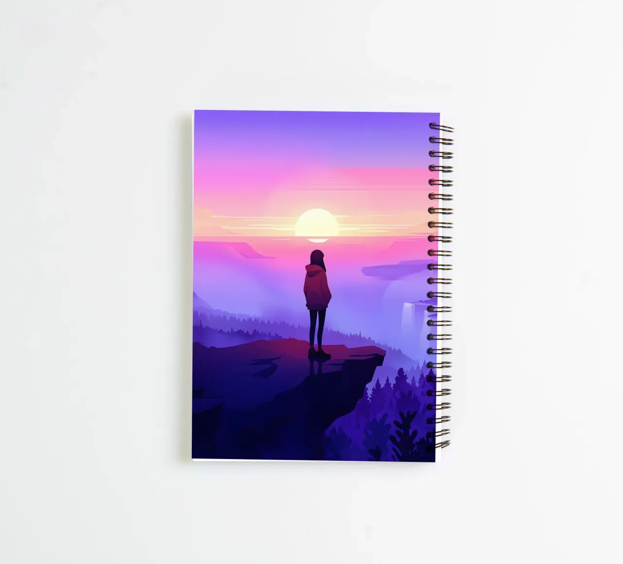 Girl Looking At Sunset At The Mountain Cliff Lofi Art spiral notebook by LoFi Gallery
