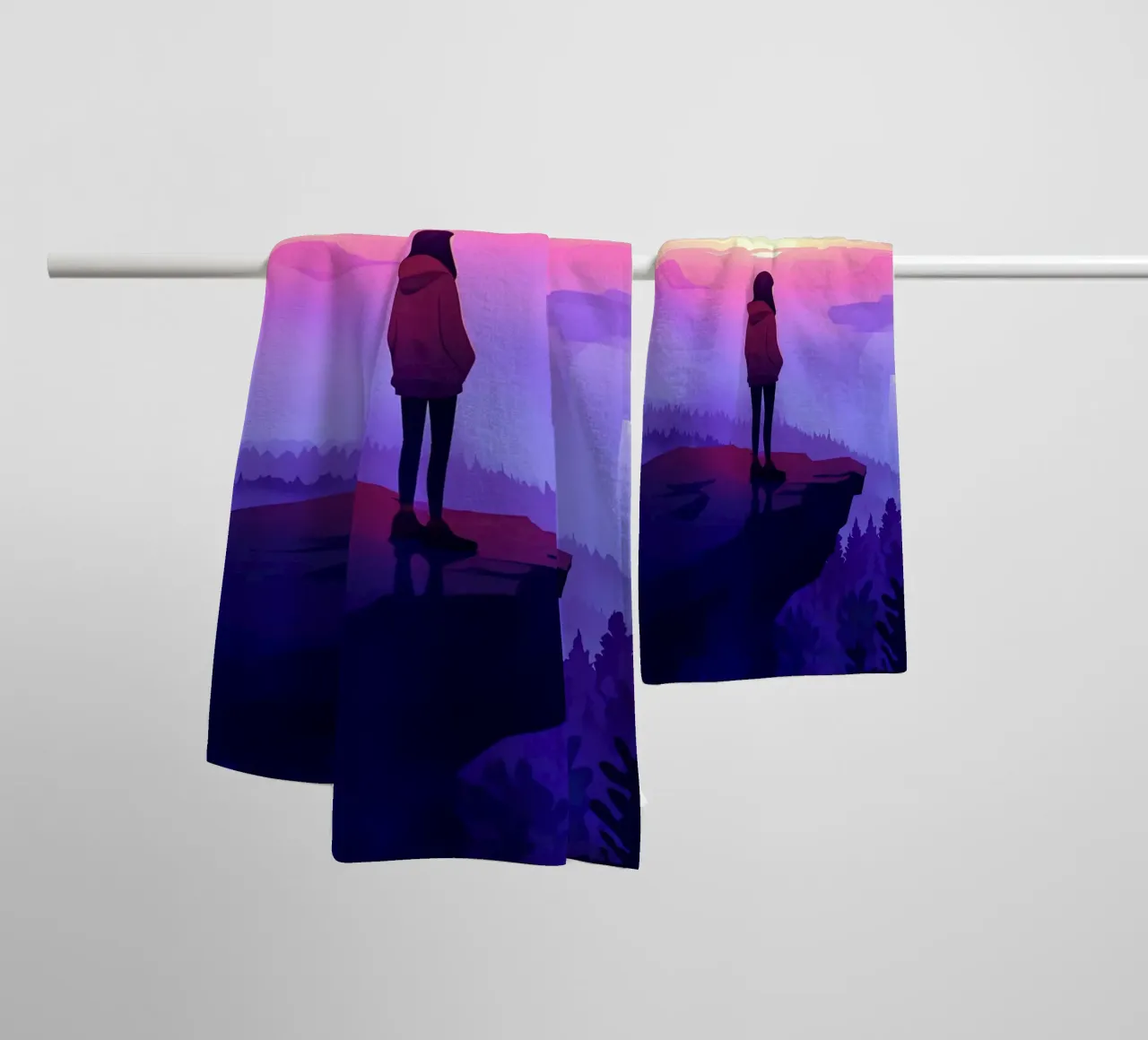 Girl Looking At Sunset At The Mountain Cliff Lofi Art towel by LoFi Gallery