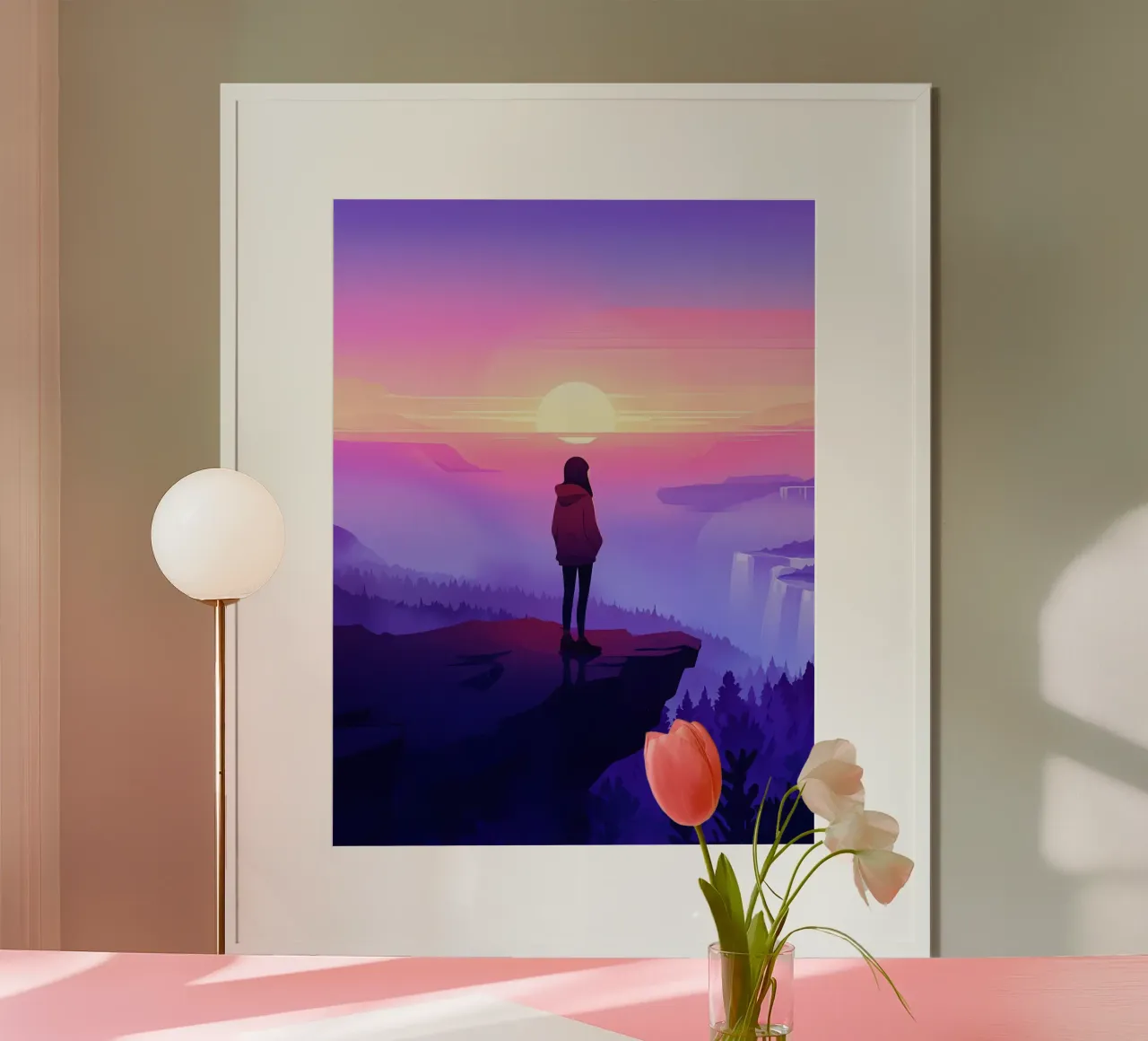 Ragazza che guarda il tramonto sulla scogliera di montagna Lofi Art poster con telaio in alluminio da LoFi Gallery