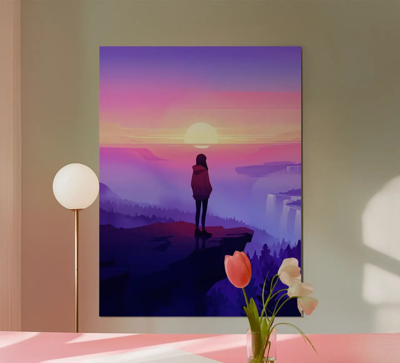 Ragazza che guarda il tramonto sulla scogliera di montagna Lofi Art poster con telaio in alluminio da LoFi Gallery