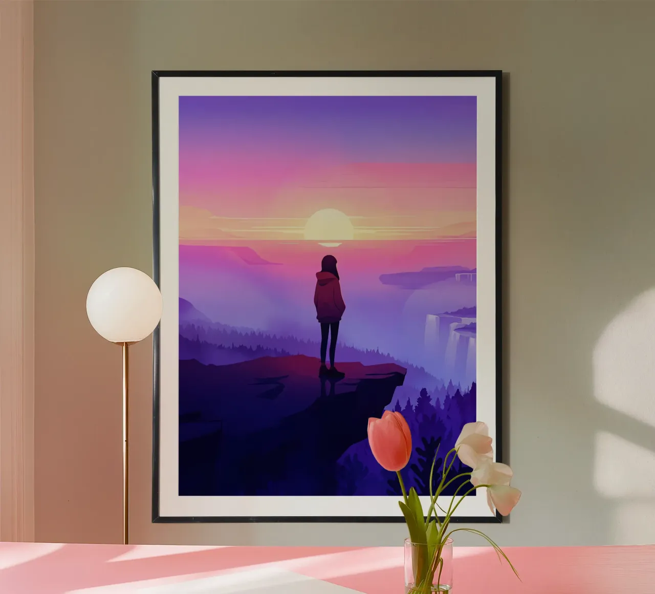 Ragazza che guarda il tramonto sulla scogliera di montagna Lofi Art poster con telaio in alluminio da LoFi Gallery