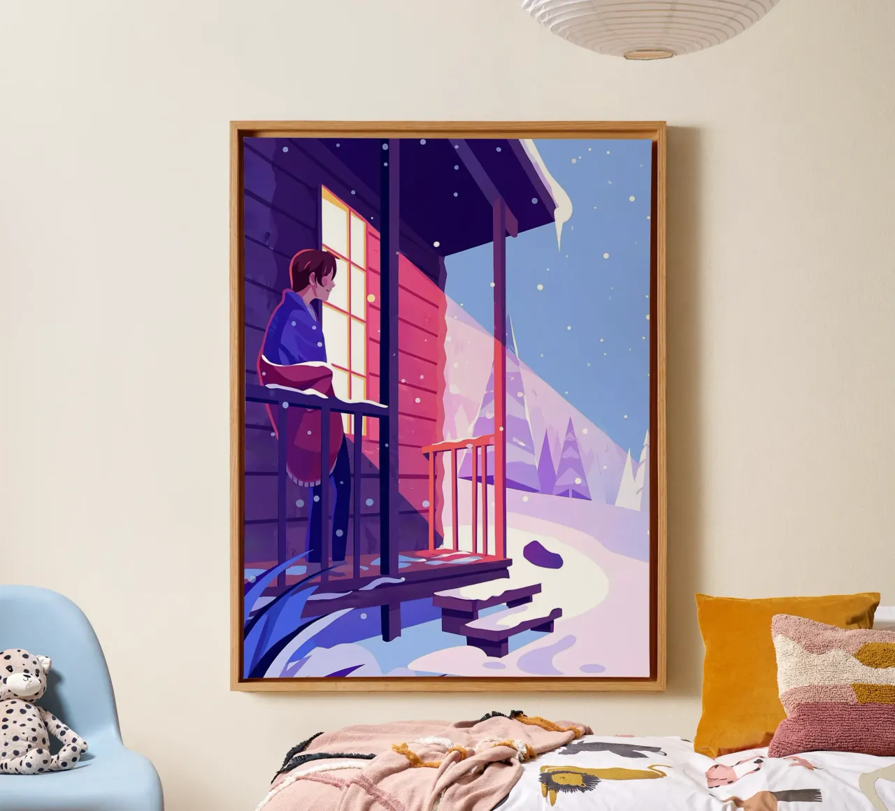 Hombre mirando la nieve de invierno desde la cabaña Lofi Art lienzo con Marco flotante de LoFi Gallery