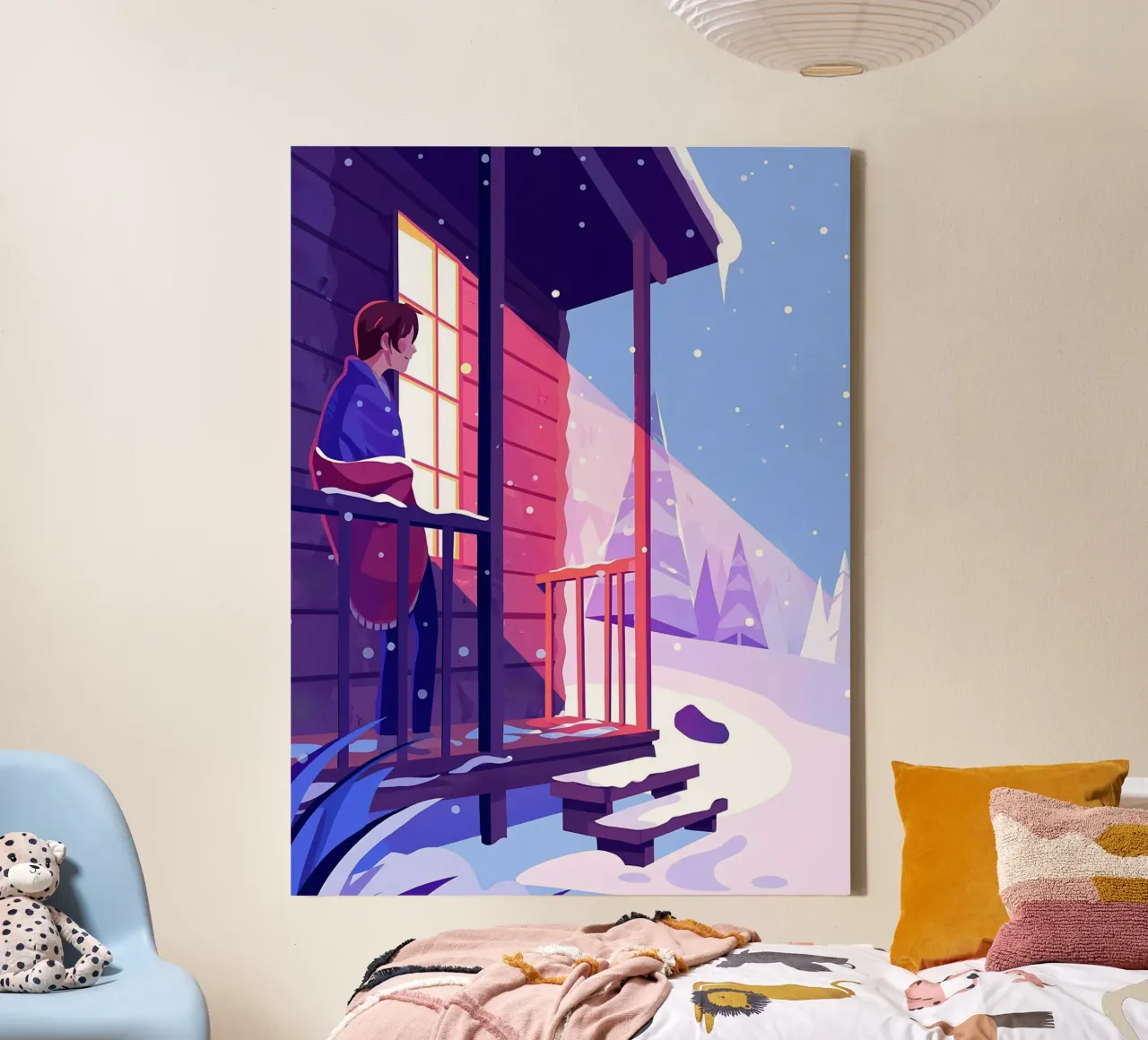 Hombre mirando la nieve de invierno desde la cabaña Lofi Art lienzo con Marco flotante de LoFi Gallery