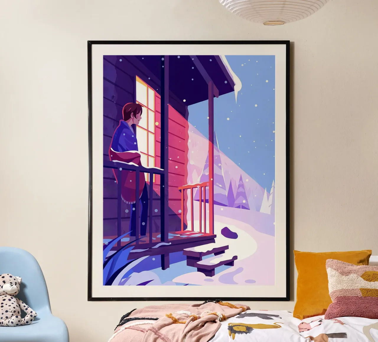 Uomo che guarda la neve invernale dalla cabina Lofi Art poster con telaio in legno da LoFi Gallery