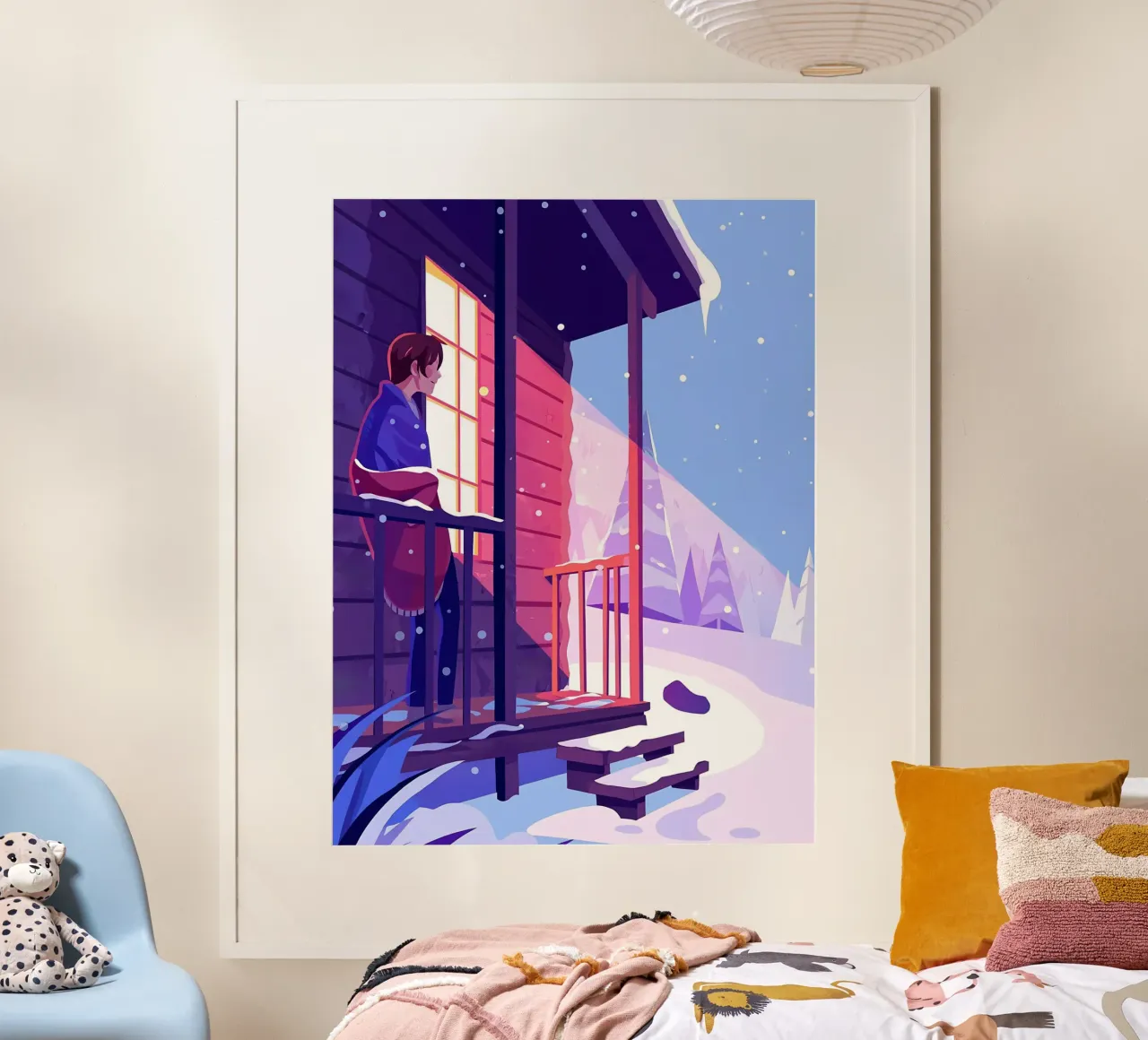 Uomo che guarda la neve invernale dalla cabina Lofi Art poster con telaio in legno da LoFi Gallery
