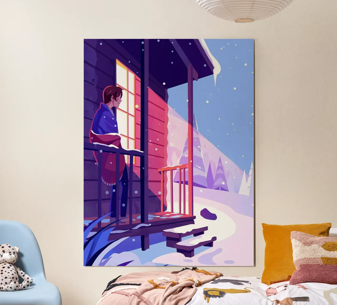 Uomo che guarda la neve invernale dalla cabina Lofi Art poster con telaio in legno da LoFi Gallery