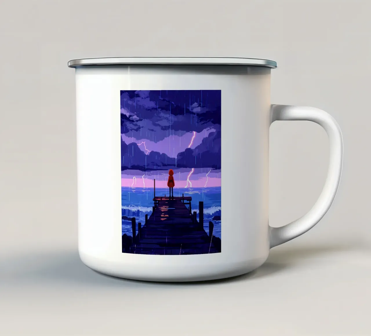 Girl In Stormy Weather At The Seaside Dock Lofi Art enamel mug by LoFi Gallery