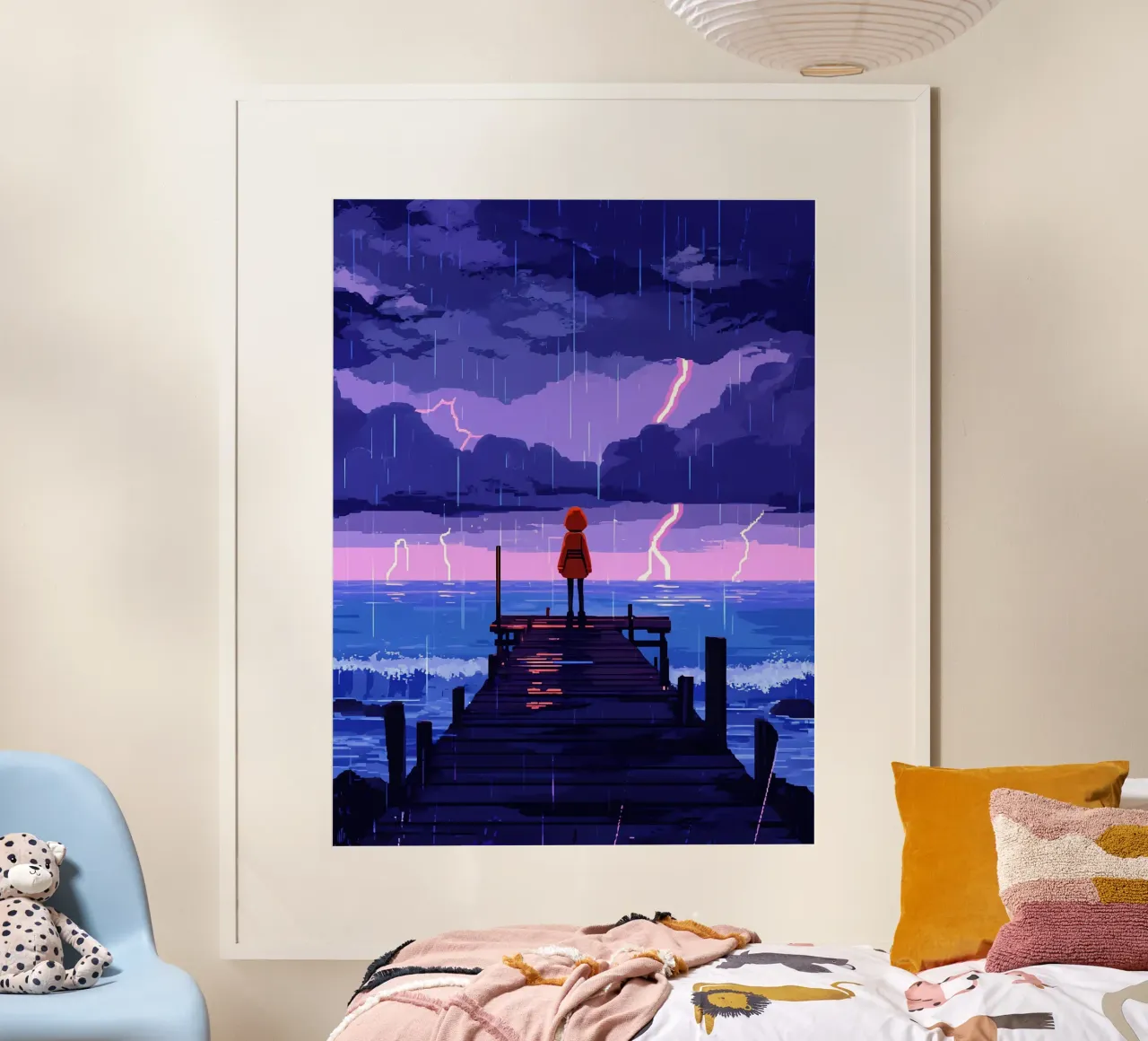 Mädchen bei stürmischem Wetter am Meer Dock Lofi Art Poster mit Holzrahmen von LoFi Gallery
