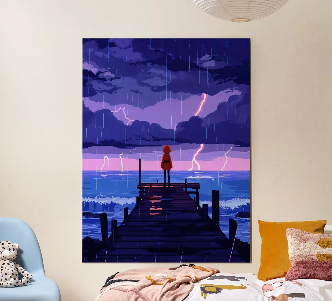 Mädchen bei stürmischem Wetter am Meer Dock Lofi Art Poster mit Holzrahmen von LoFi Gallery