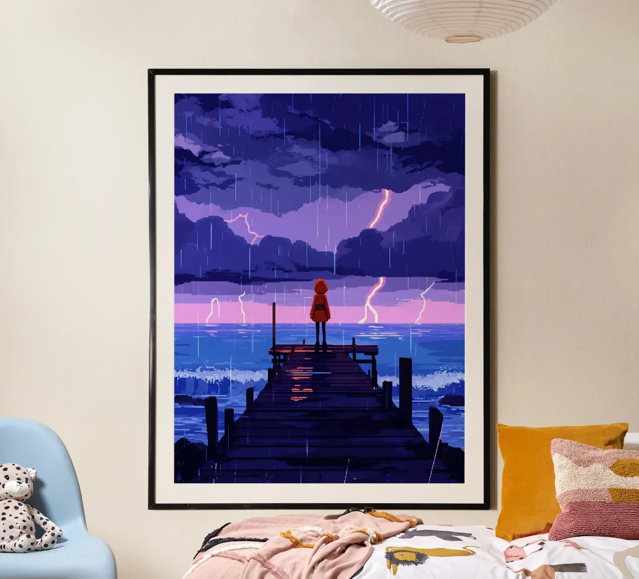 Mädchen bei stürmischem Wetter am Meer Dock Lofi Art Poster mit Holzrahmen von LoFi Gallery