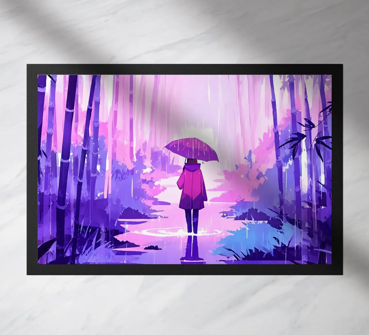 Ragazza su un sentiero della giungla sotto la pioggia Lofi Art zerbino da LoFi Gallery