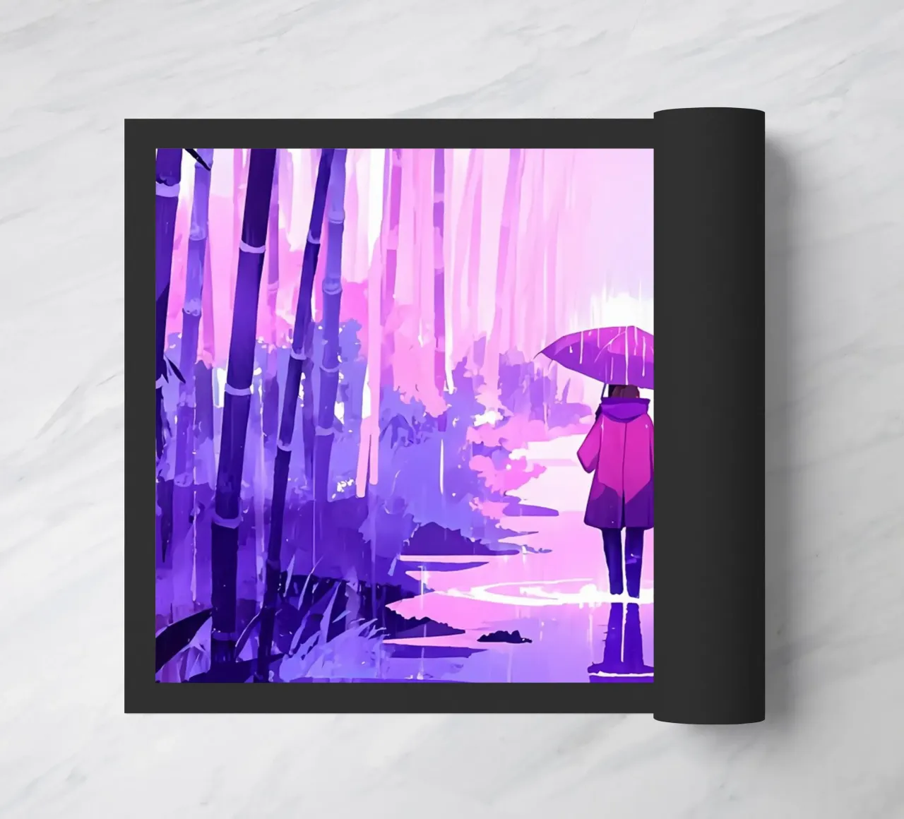 Ragazza su un sentiero della giungla sotto la pioggia Lofi Art zerbino da LoFi Gallery