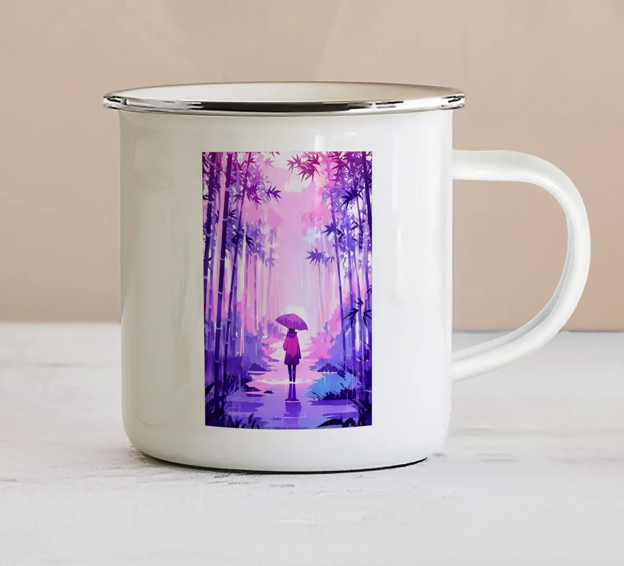 Ragazza su un sentiero della giungla sotto la pioggia Lofi Art tazza in smalto da LoFi Gallery