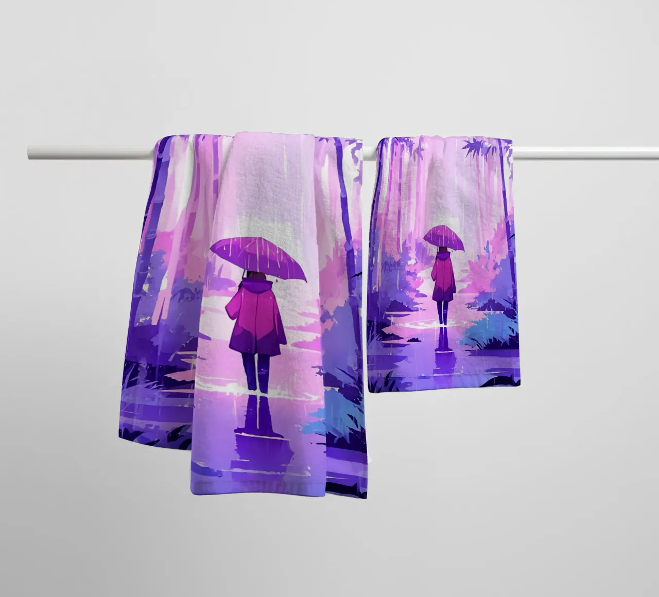 Mädchen auf einem Dschungelpfad im Regen Lofi Art Handtuch von LoFi Gallery