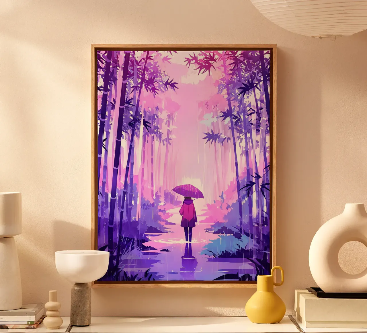 Ragazza su un sentiero della giungla sotto la pioggia Lofi Art tela con Cornice a cassetta da LoFi Gallery