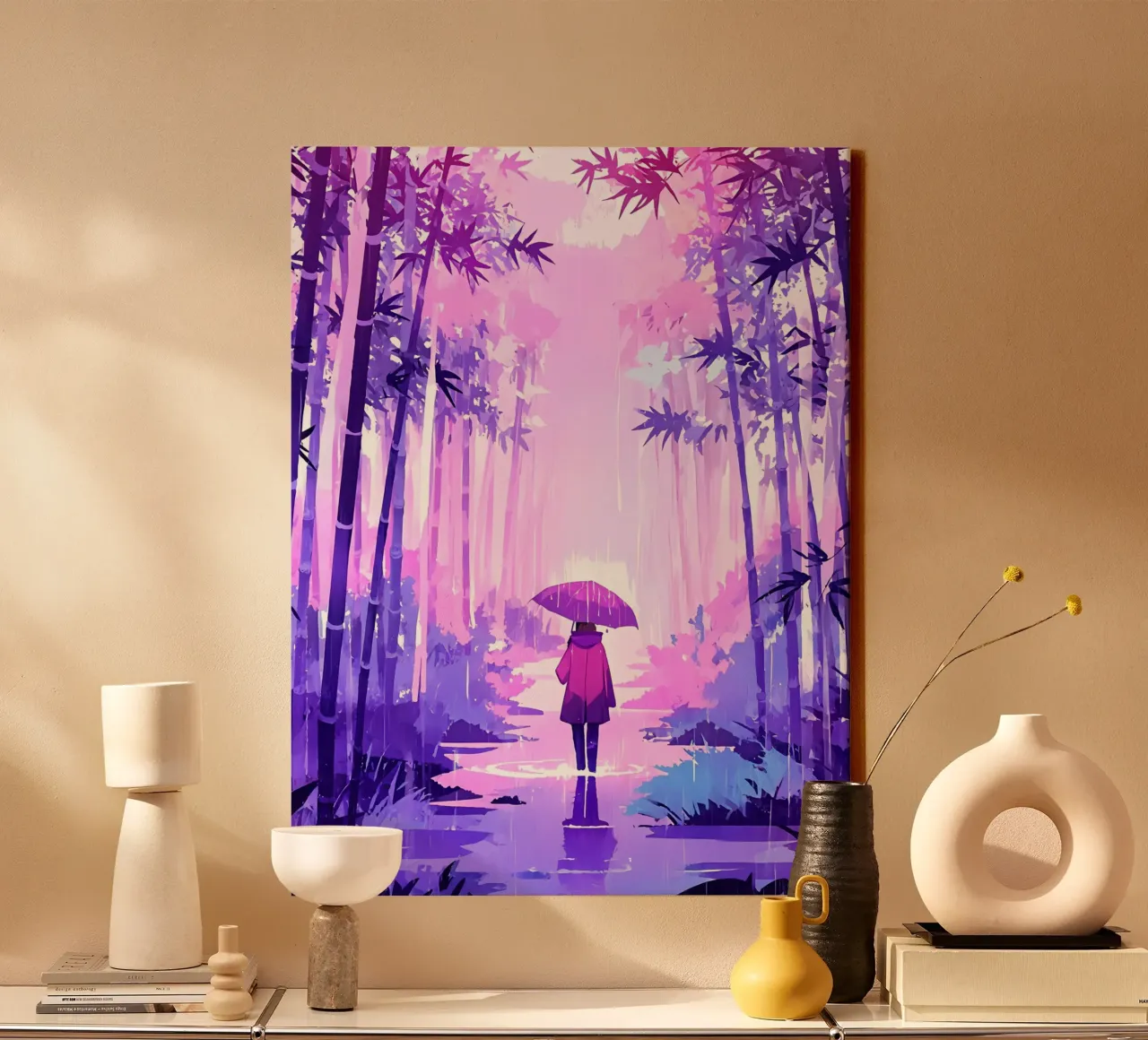 Ragazza su un sentiero della giungla sotto la pioggia Lofi Art tela con Cornice a cassetta da LoFi Gallery
