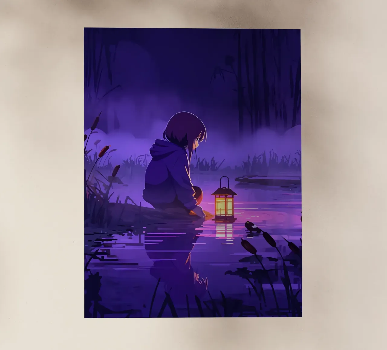 Ragazza con lanterna vicino allo stagno Lofi Art pellicola backlit da LoFi Gallery